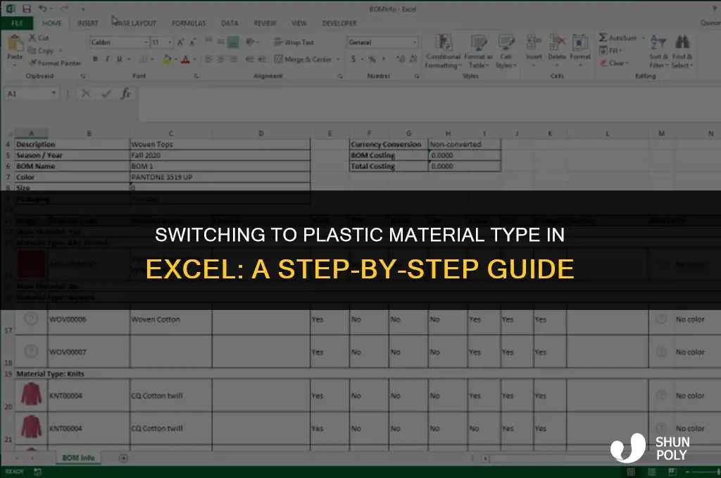how do i change to material type plastic on excel