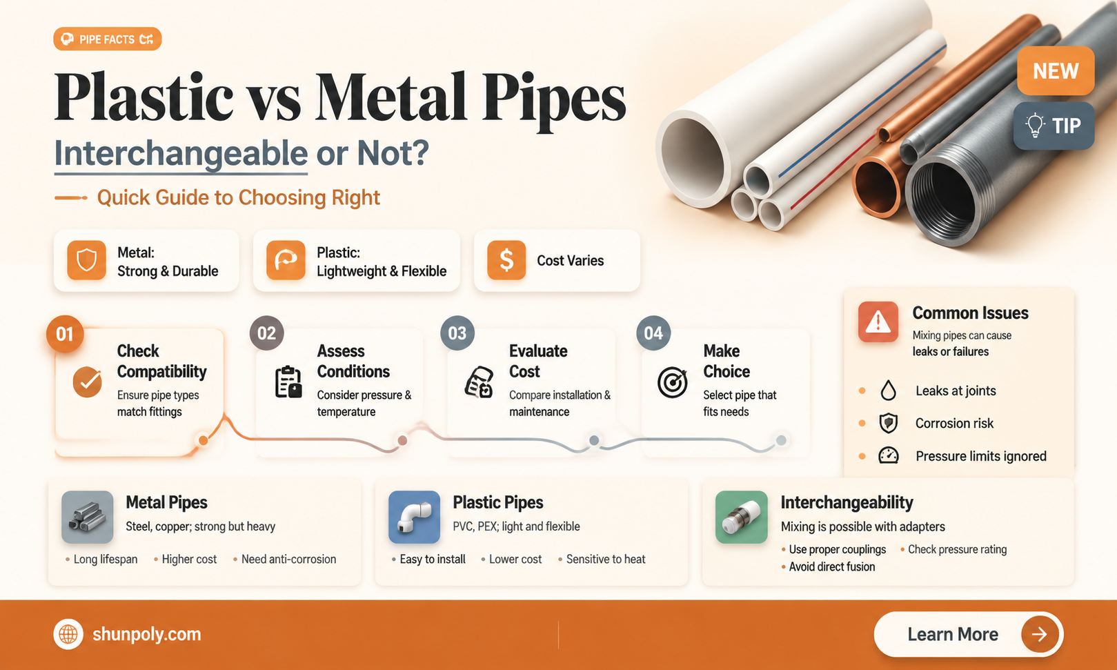 are plastic and metal pipe interchangeable
