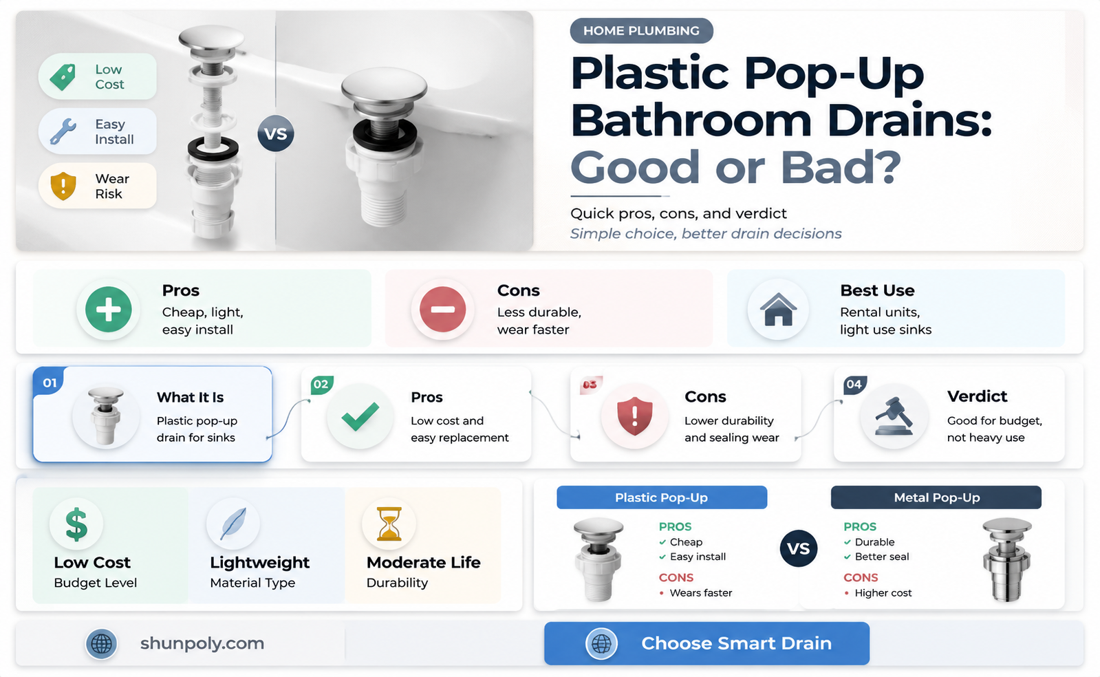 are plastic pop up bathroom drains good