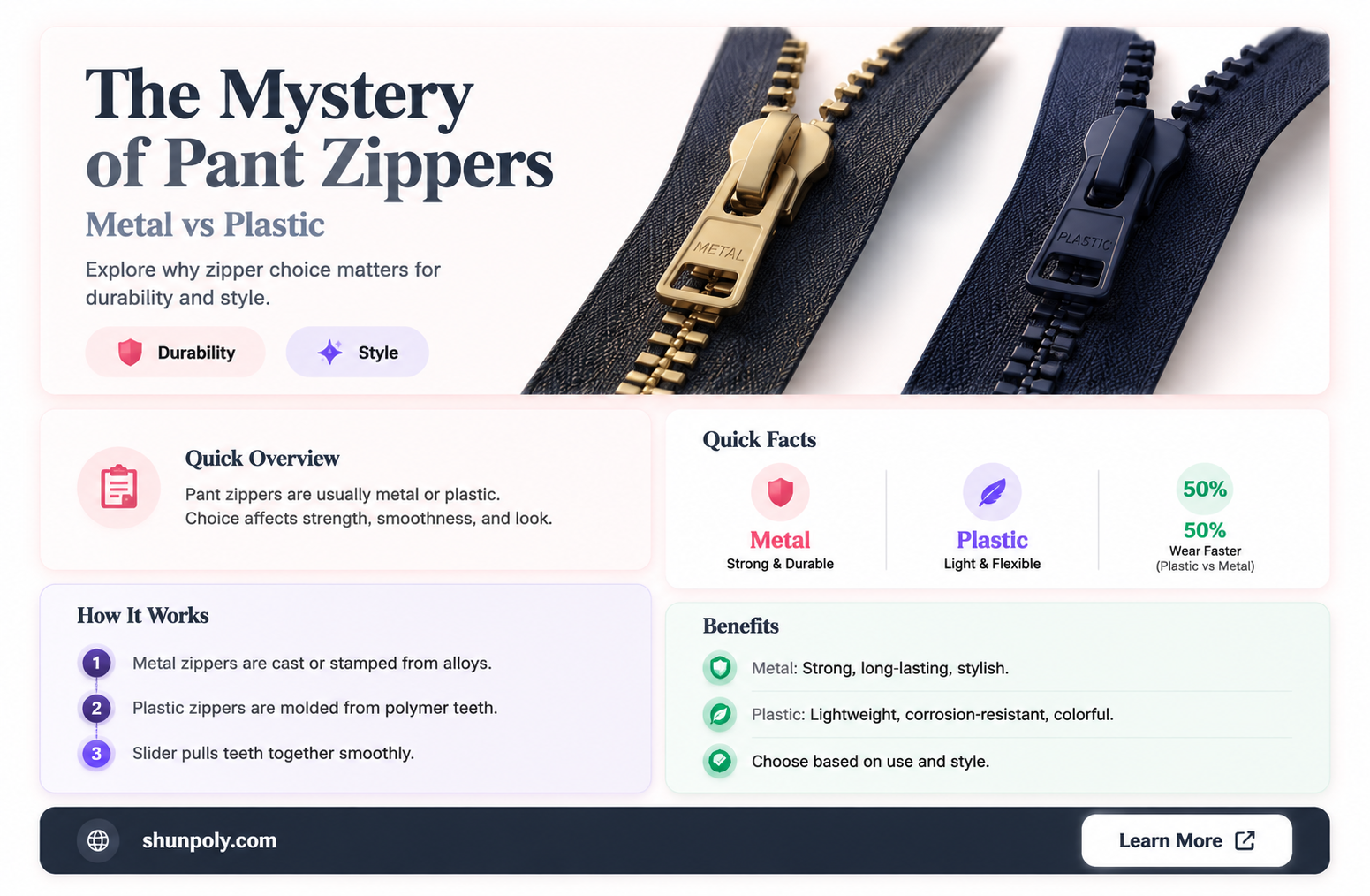 are pant zippers metal or plastic